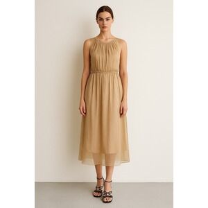 XiangJin Pleated Midi Dress‎ Sleeveless Casual Party Dress Beige Size Large